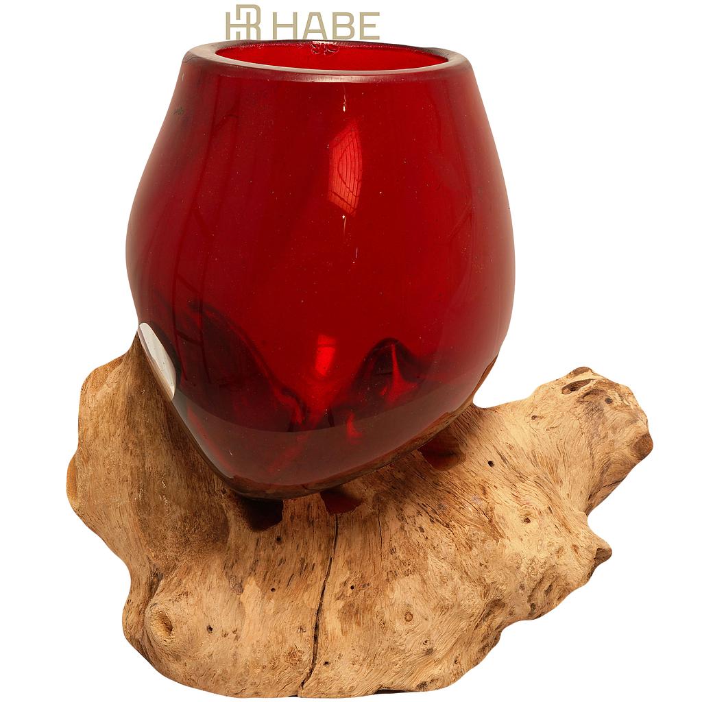 Molten Recycled Glass Bowl on Wood 12x19x18 cm Red