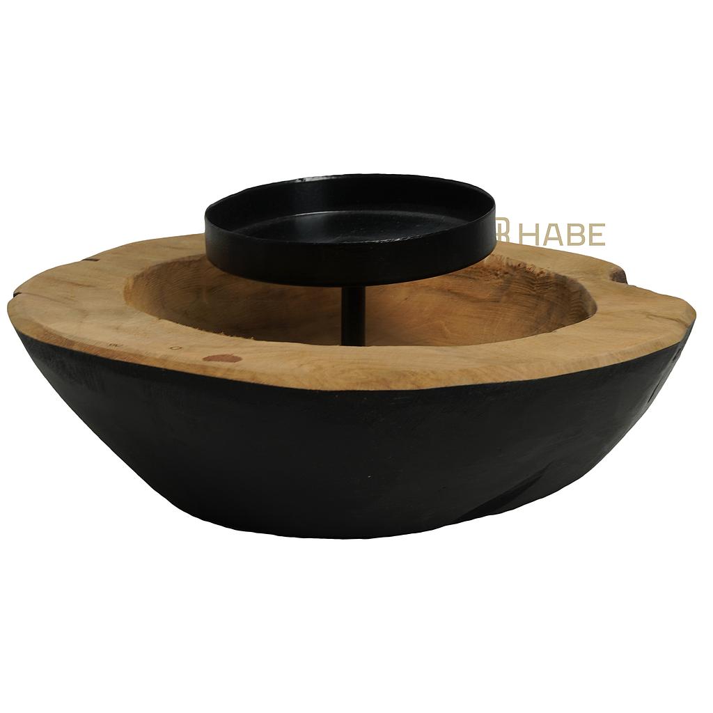 Round Bowl with Candle Holder Teak  20x20x8 cm Natural Wax with Black Rim