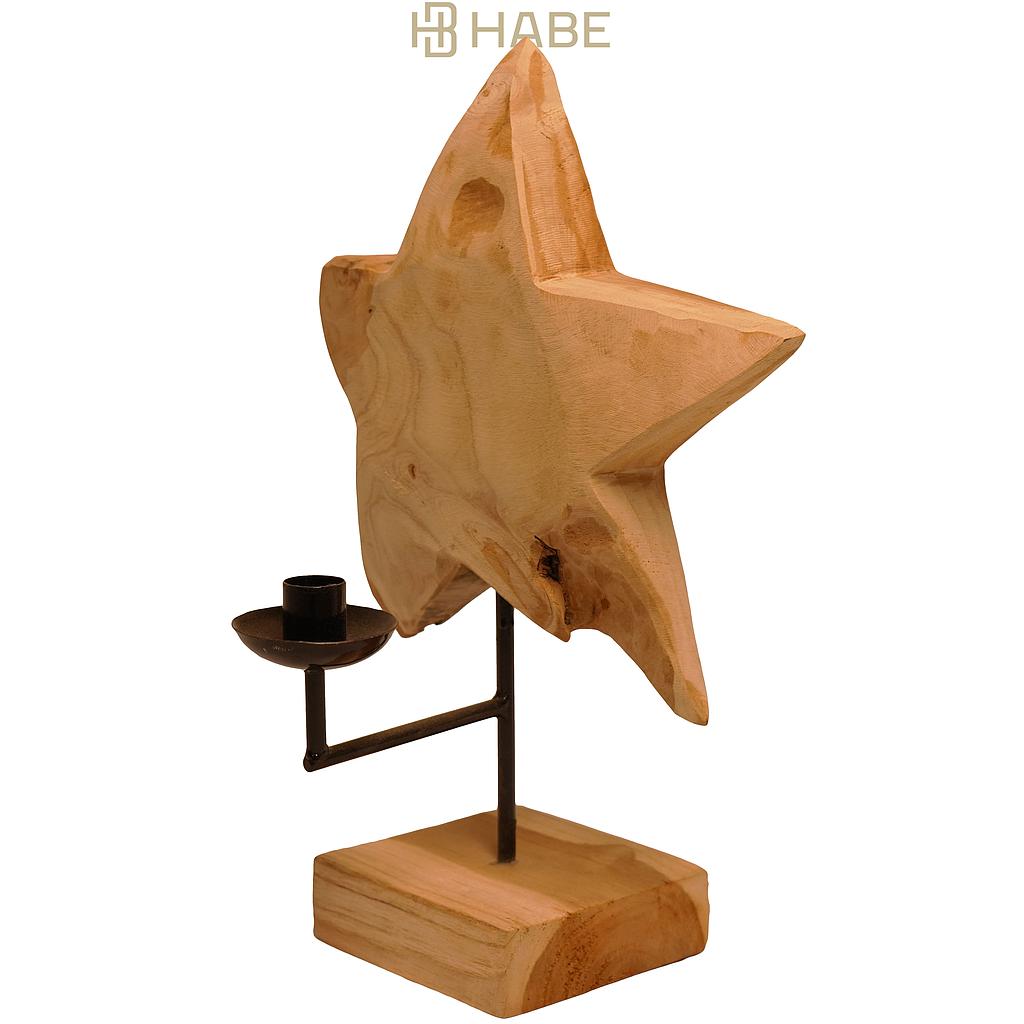 Teak star on stand with dinner candle holder 28x22x40 cm Natural
