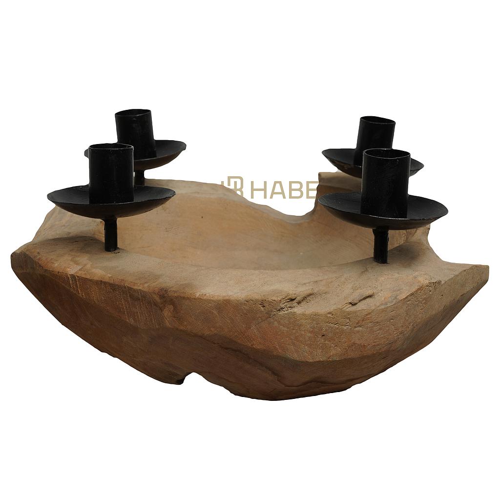 Teak Bowl 30x30x14 cm with 4 Diner Candle Holders Natural