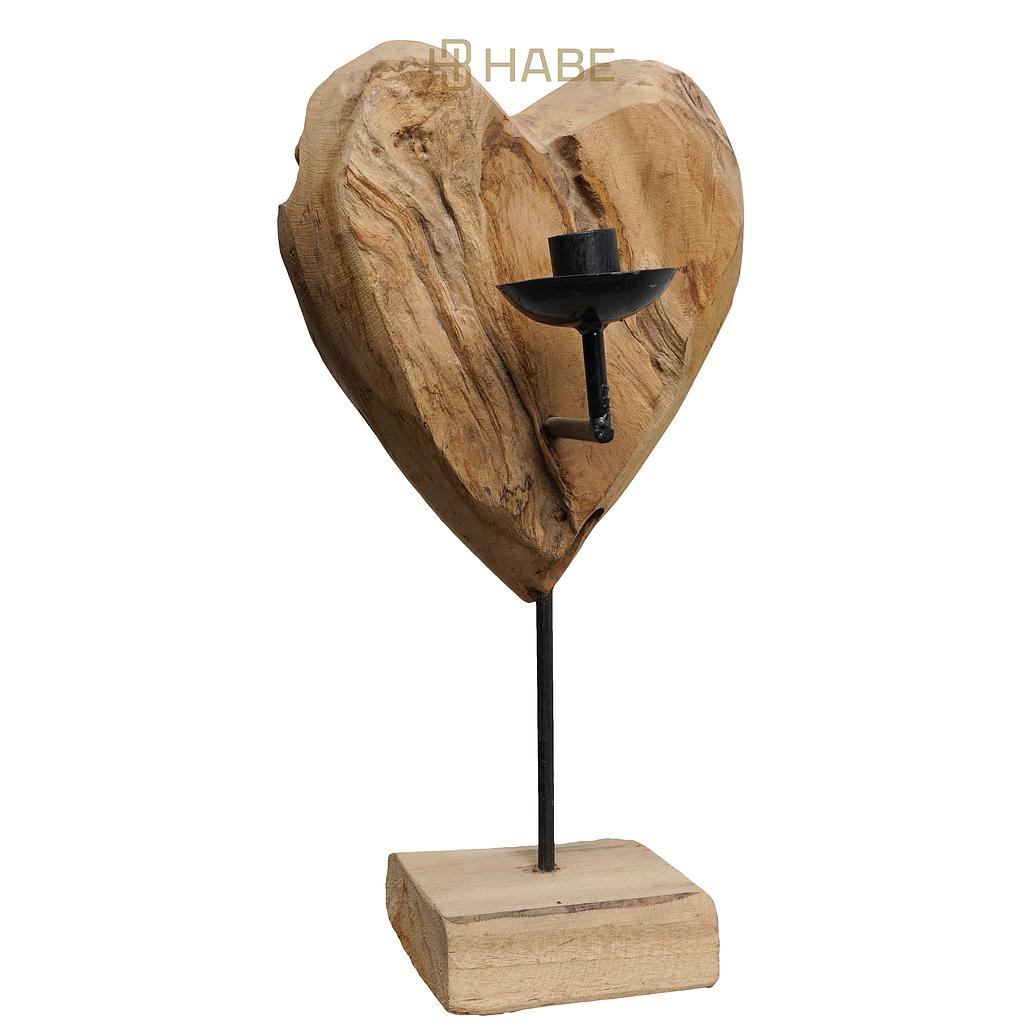 Teak Heart on Stand with Dinner Candle Holder 25x22x41 cm Natural