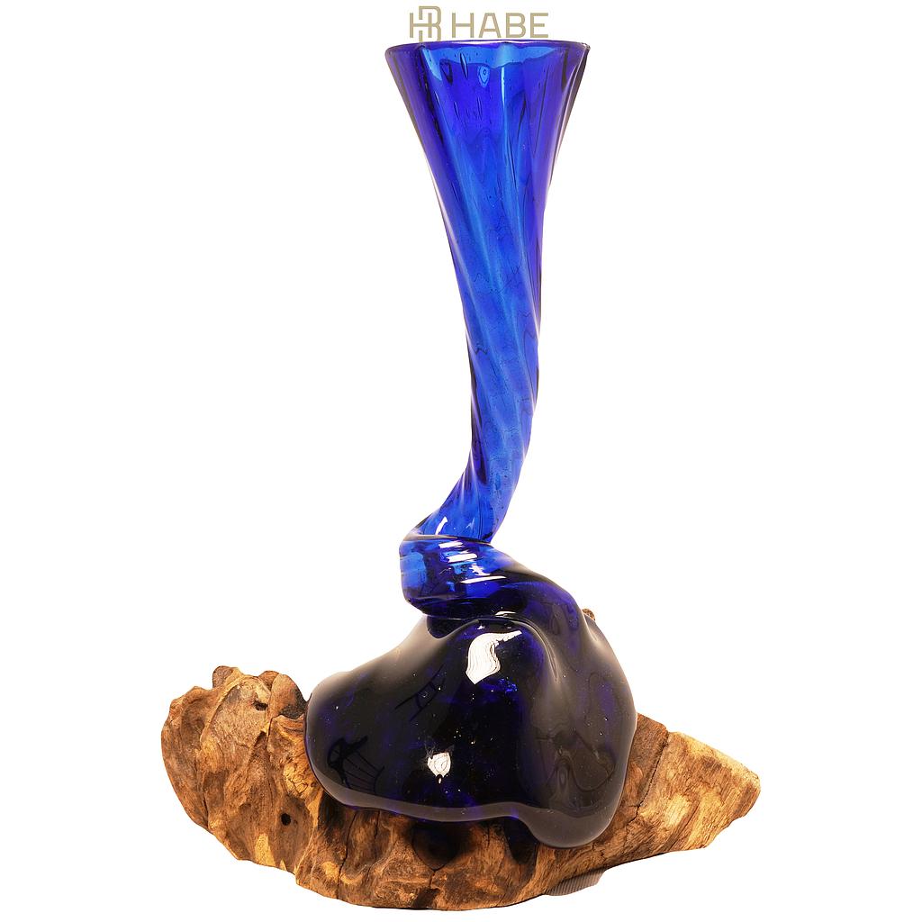 Molten Recycled Glass Thread Vase on Wood Blue