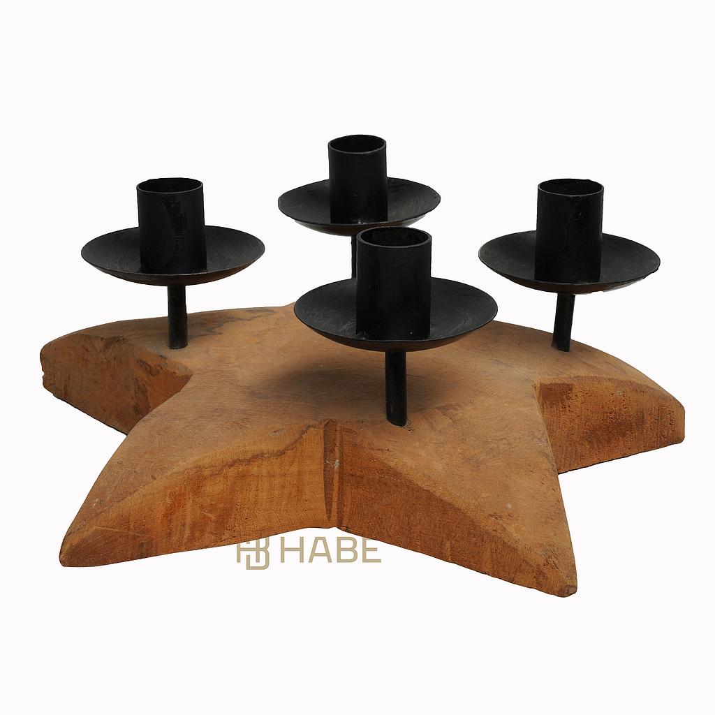 Teak Star  with 4 Diner Candle Holders Natural